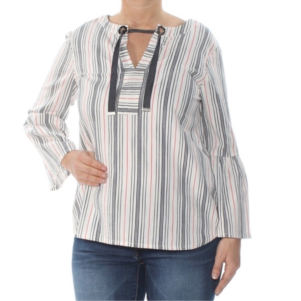 Tommy Hilfiger Stripped Bell Sleeve Neck Tie Top